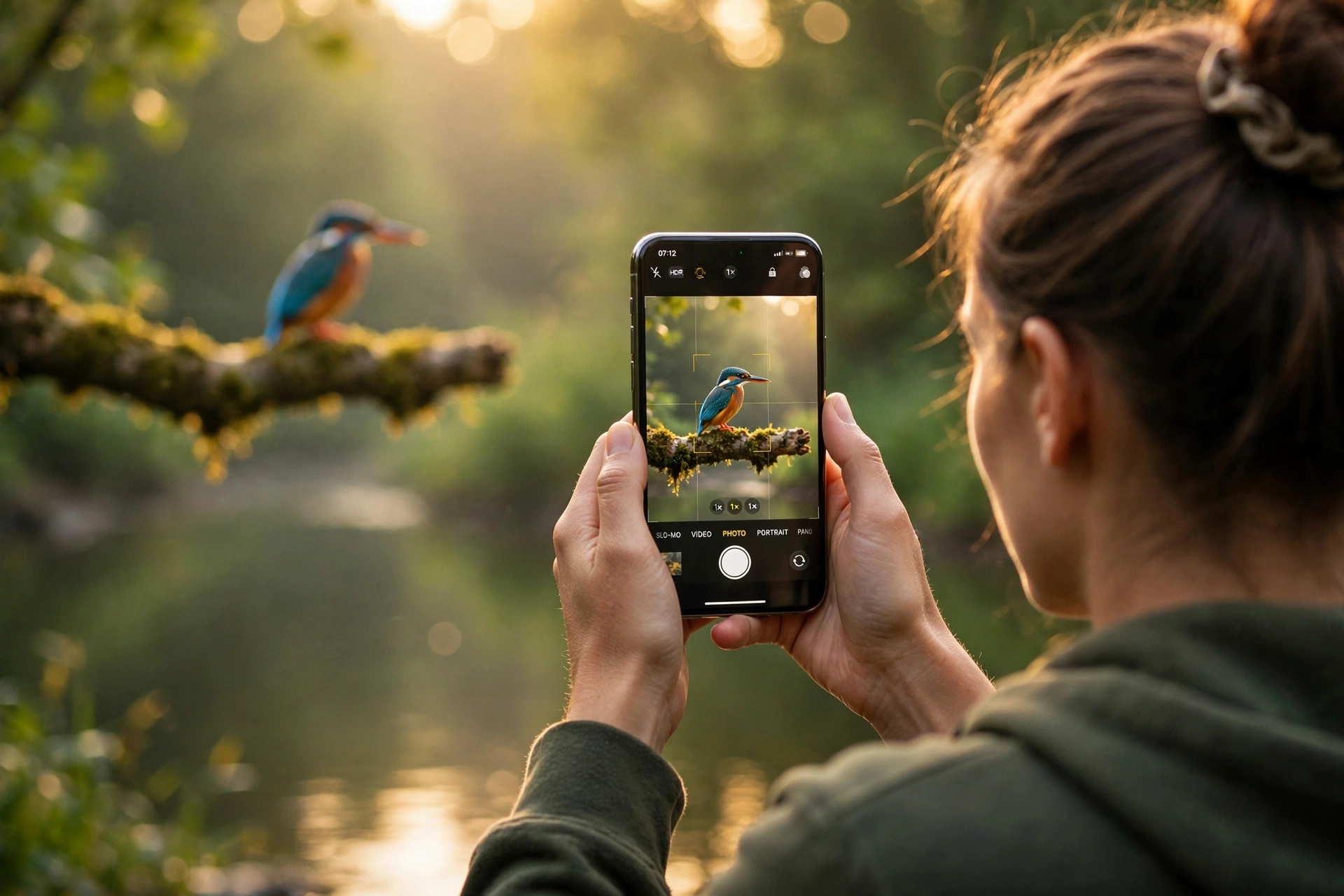 Person learning how to photograph birds with phone camera, capturing a kingfisher perched by a river at sunrise