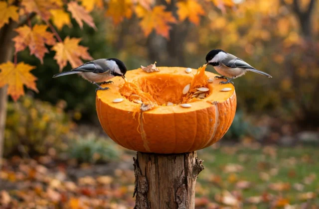 Halved pumpkin used as a natural bird feeder with chickadees, proving can birds eat pumpkin safely