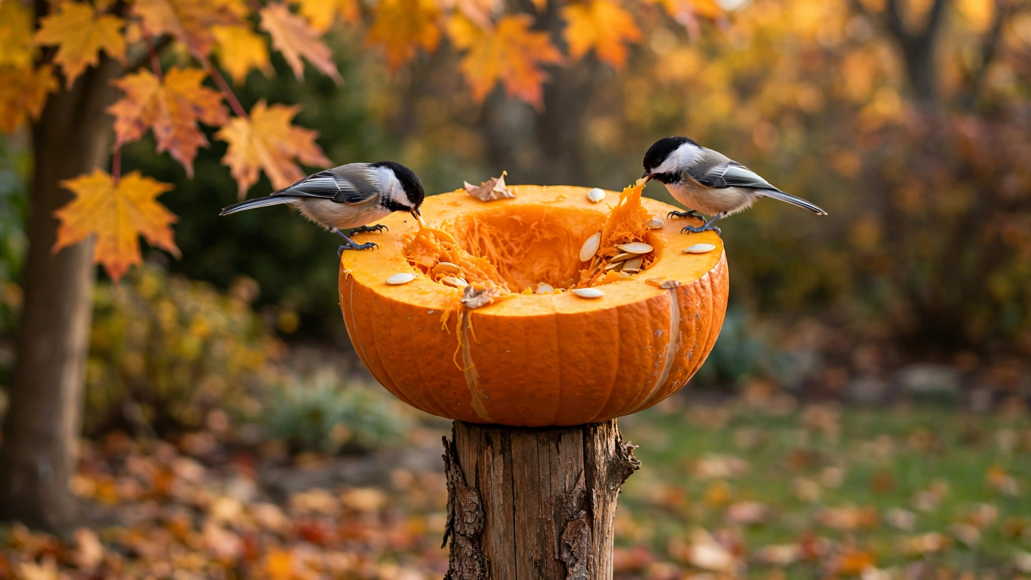 Halved pumpkin used as a natural bird feeder with chickadees, proving can birds eat pumpkin safely