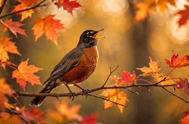 Landscape-oriented photograph showing robin singing autumn, with brown and orange tones.