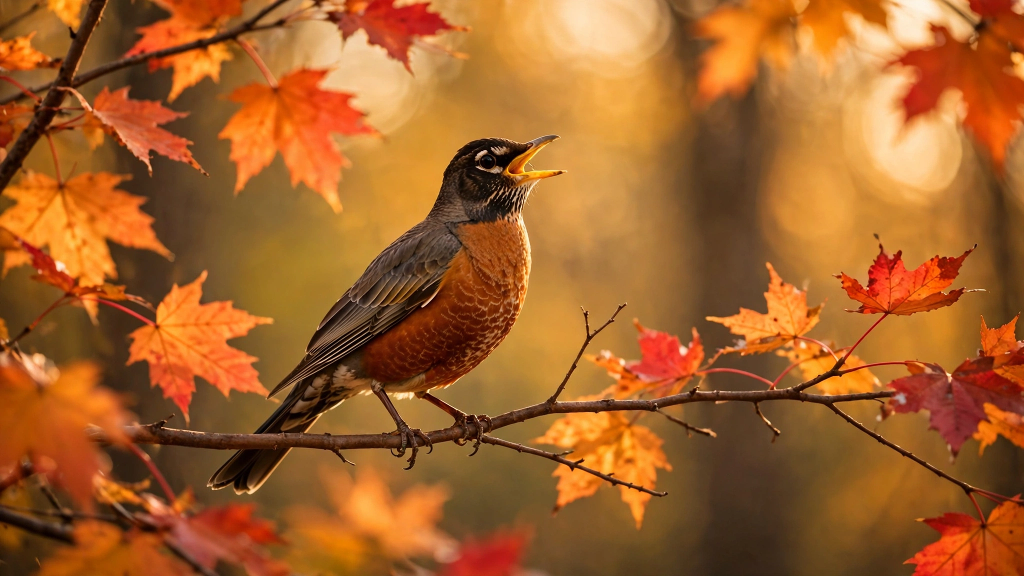 Why Do Birds Sing in Fall? The Autumn Chorus Explained 2 American robin singing on an autumn branch, showing why do birds sing in fall to defend winter territories