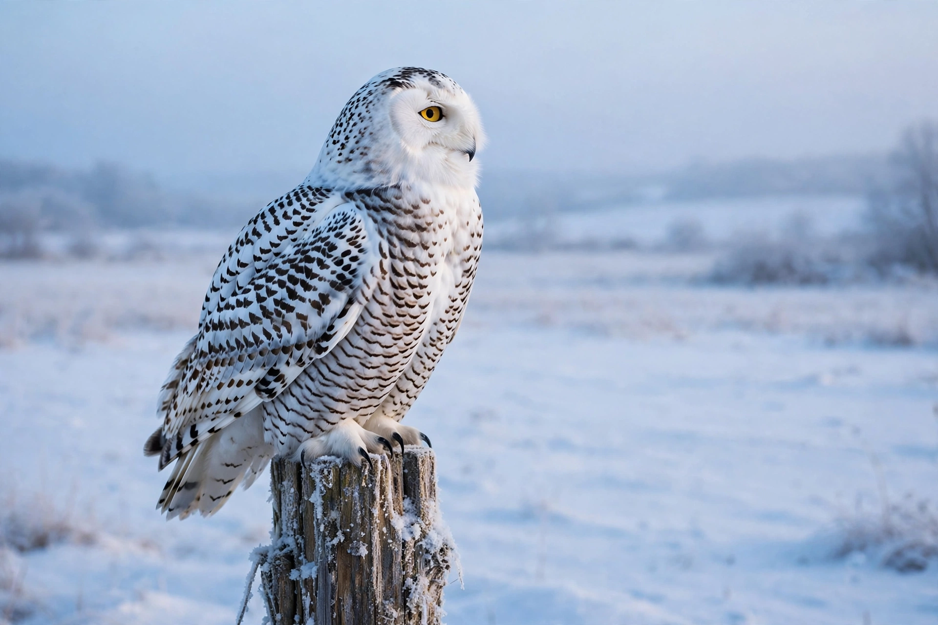Snowy owl perched on a fence post in a snowy field, and do owls migrate? Snowy owls irrupt south in some winters