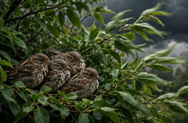 Small songbirds sheltering deep in dense branches, showing how do birds survive hurricanes by hiding from wind