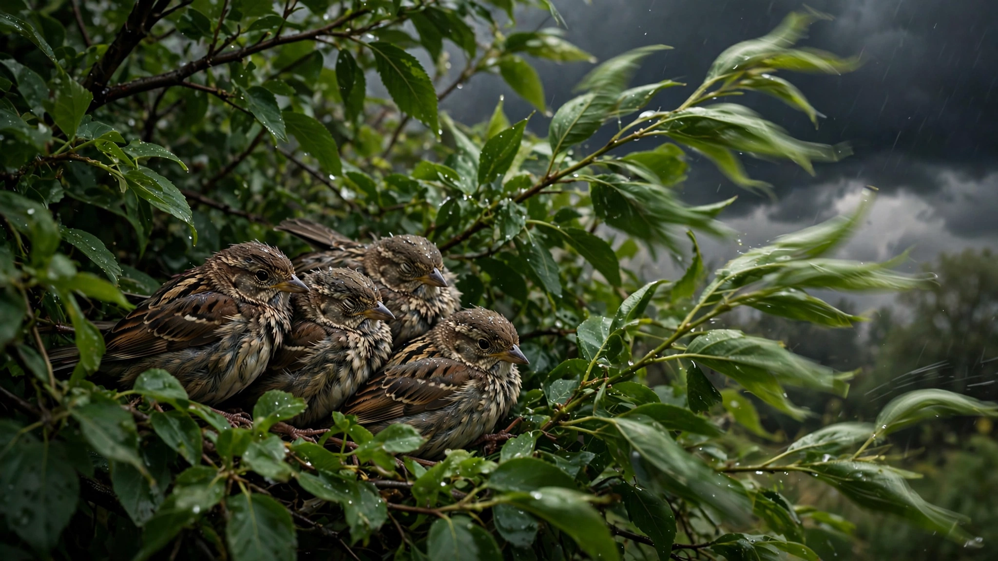 Small songbirds sheltering deep in dense branches, showing how do birds survive hurricanes by hiding from wind