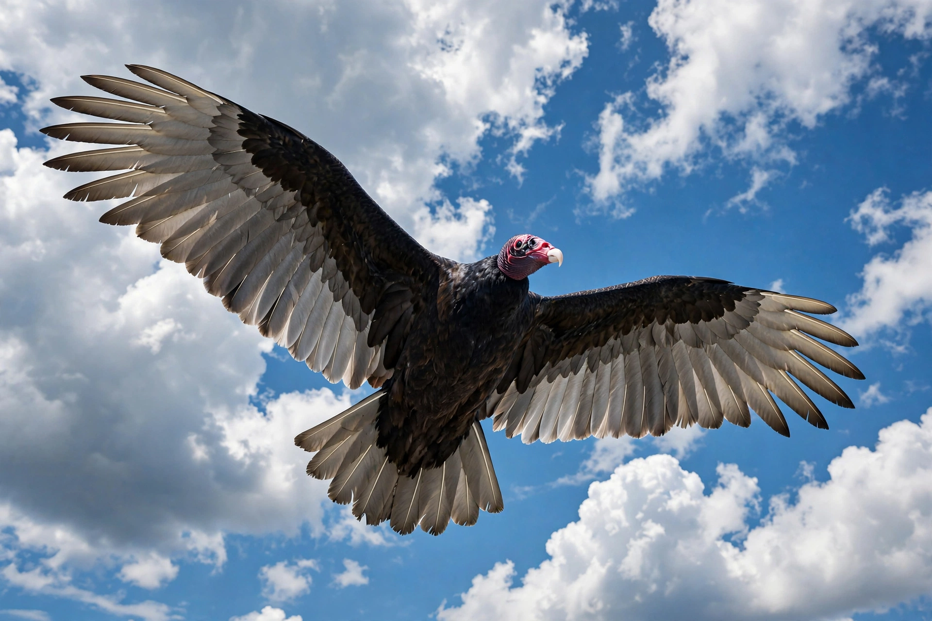 Turkey vulture vs hawk: turkey vulture soaring with V-shaped dihedral wings against a blue sky