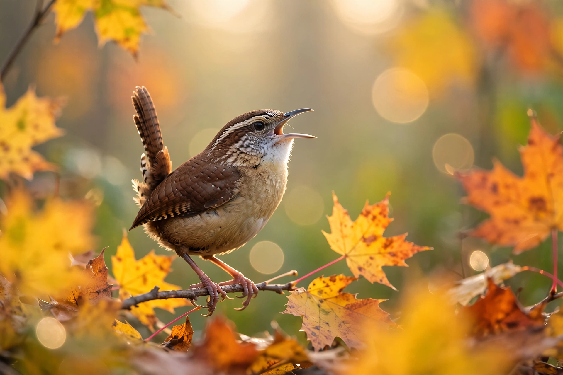Why Do Birds Sing in Fall? The Autumn Chorus Explained 3 Carolina wren singing among colorful fall foliage