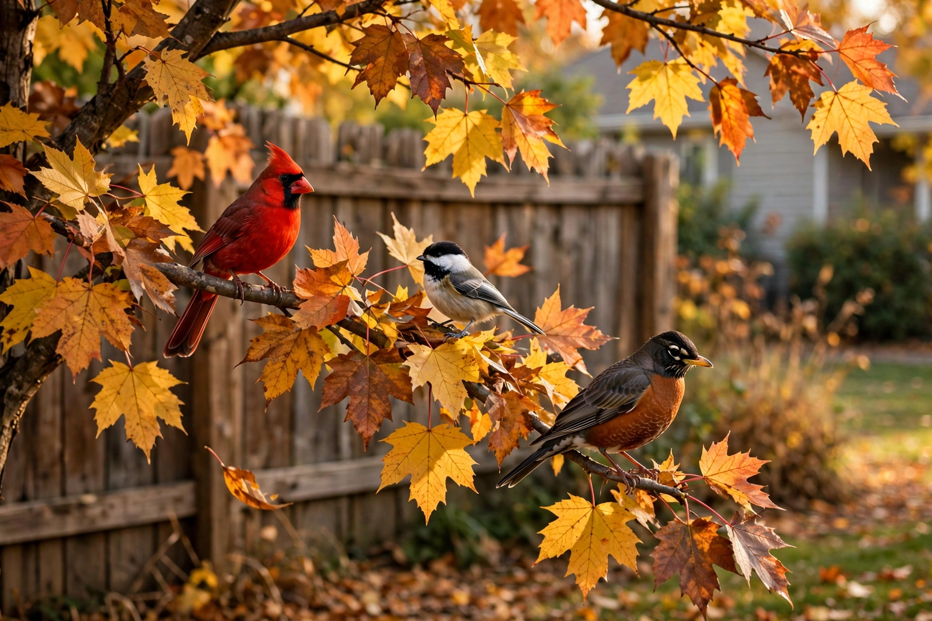 Why Do Birds Sing in Fall? The Autumn Chorus Explained 5 Fall backyard scene with songbirds perched on branches