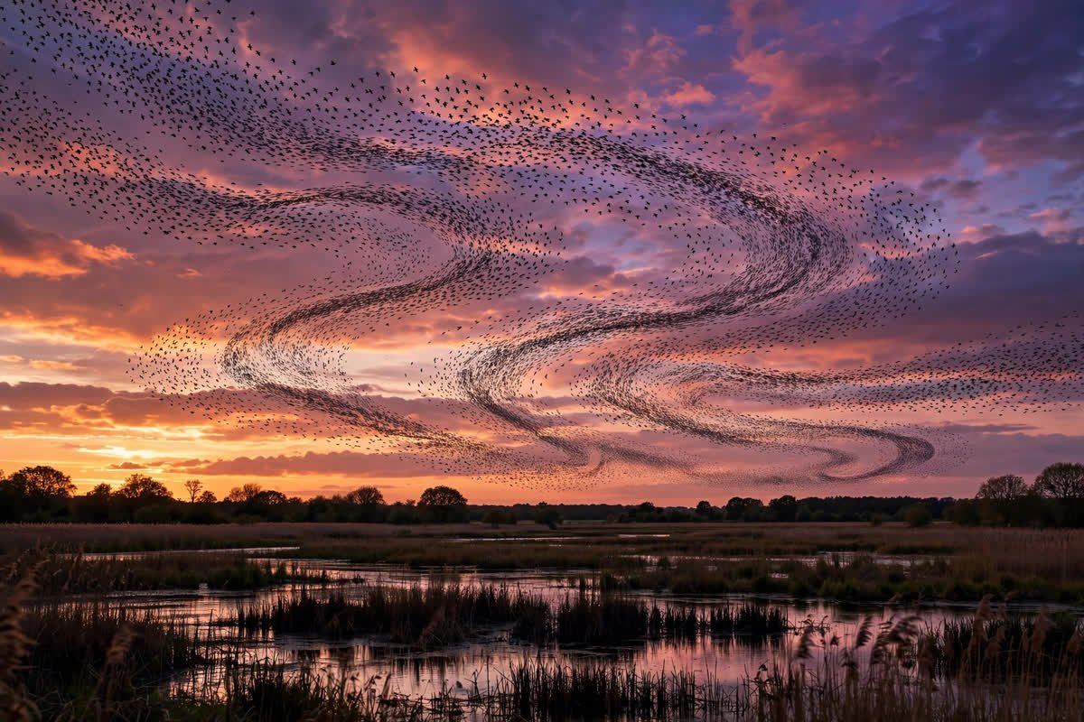 Where Do Birds Sleep at Night? Roosting Secrets Revealed 3 A vast starling murmuration swirling in ribbon shapes across a sunset sky above a reed bed