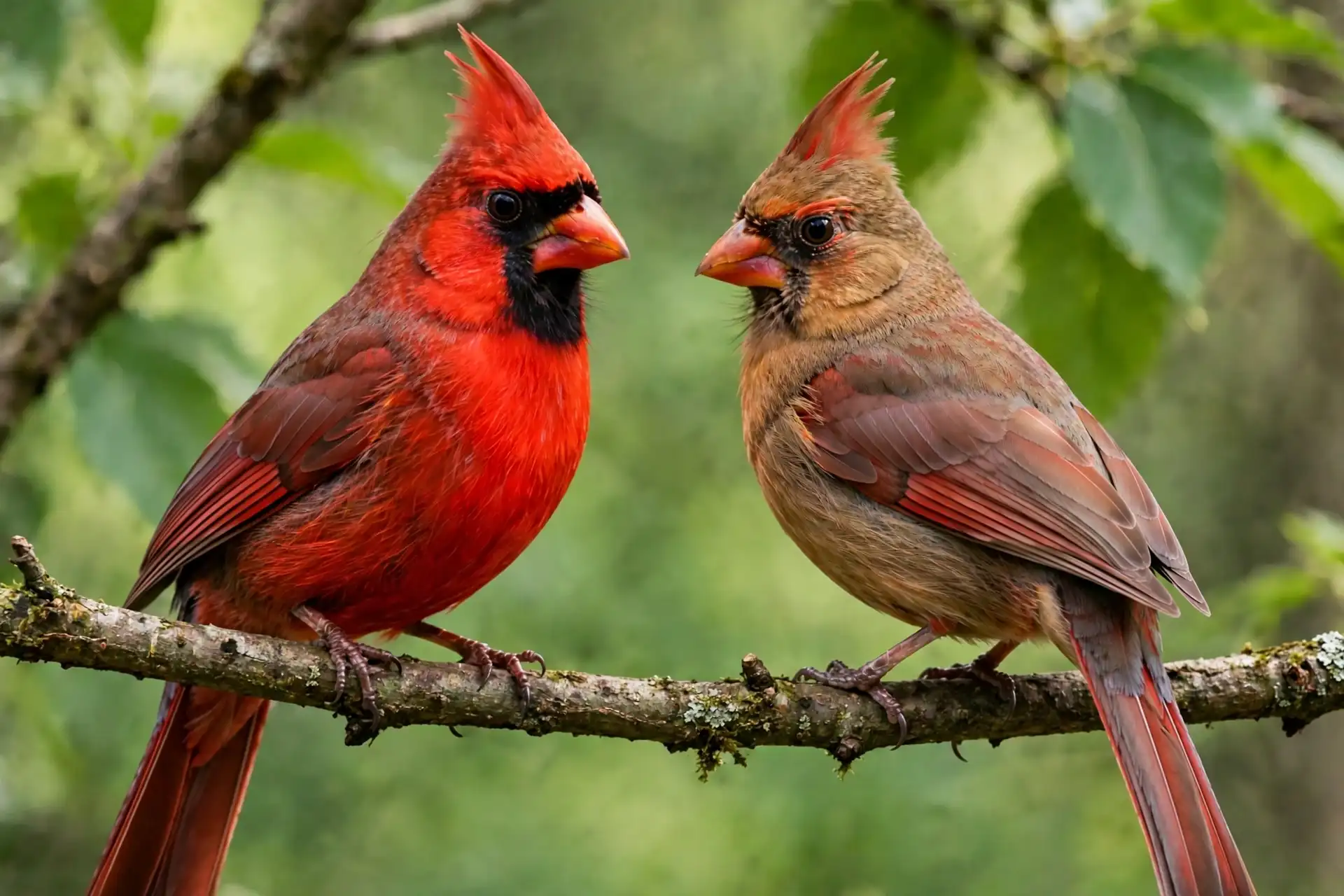 A bright red male northern cardinal and a warm brown female perched side by side
