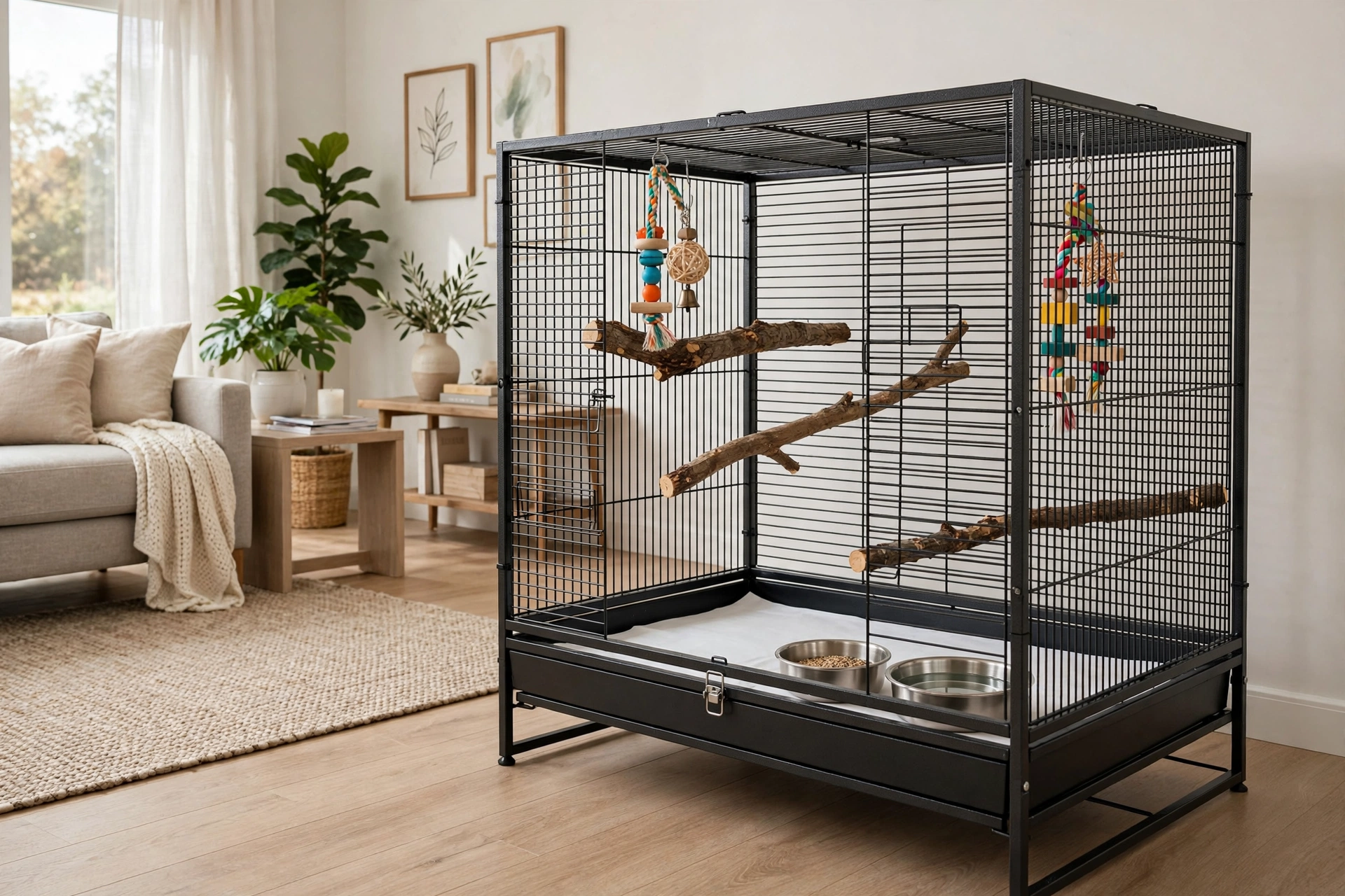 A spacious rectangular bird cage with natural wood perches, toys, and food dishes set up in a bright living room