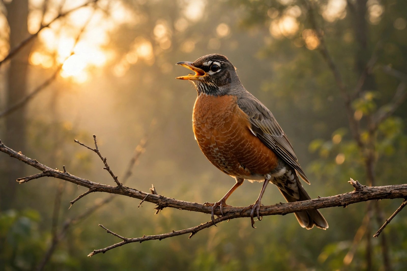American robin singing on a branch at sunrise during the dawn chorus