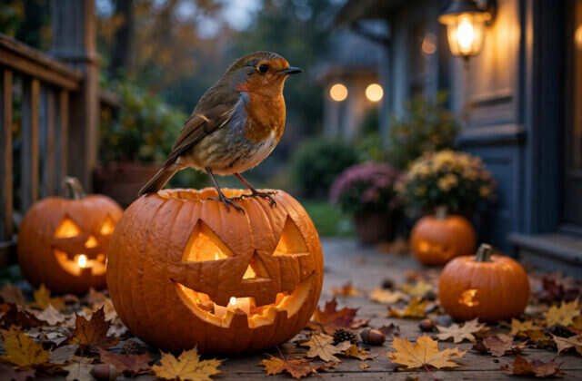 A robin perched on a carved pumpkin on a porch at dusk for Halloween bird safety