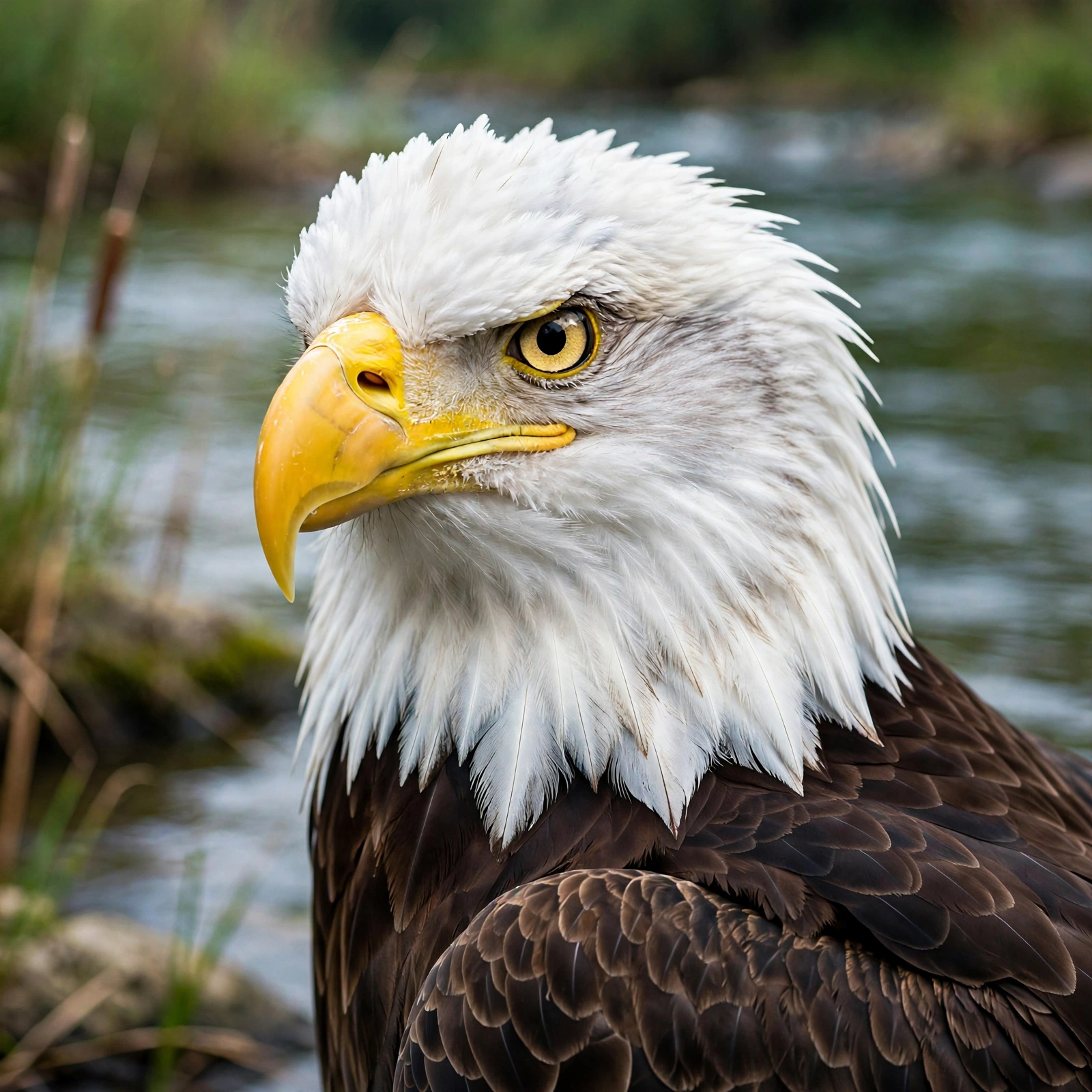 Adult bald eagle portrait showing white head, yellow beak, and dark brown body feathers