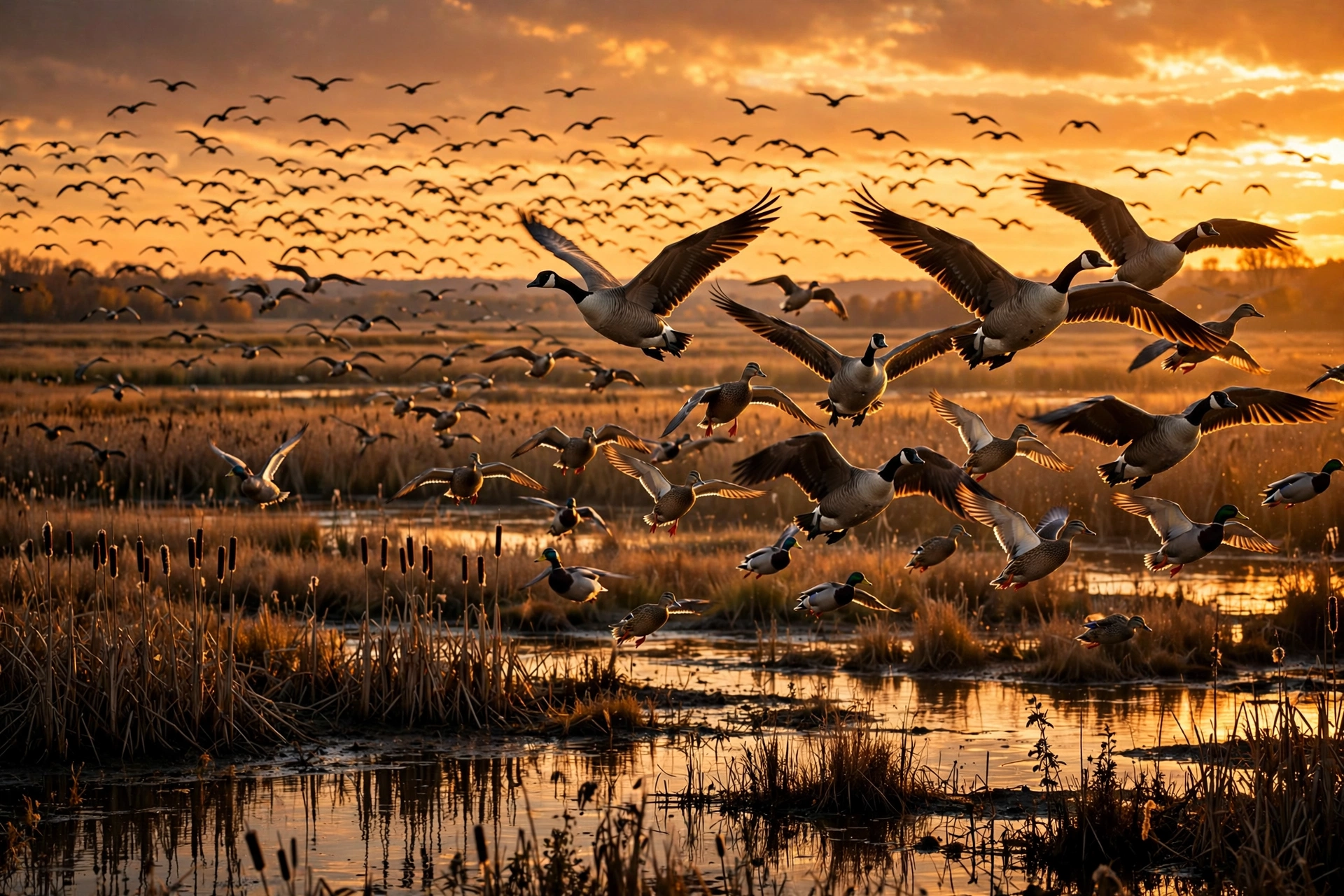 Large flock of migratory geese and ducks flying over a golden autumn marsh at sunset