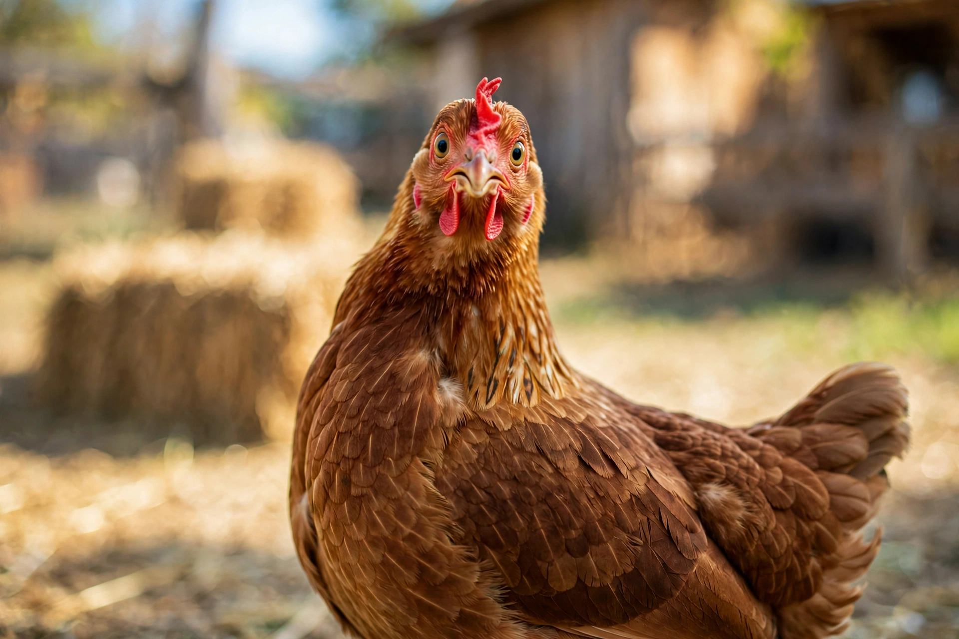 Curious hen looking back at the camera