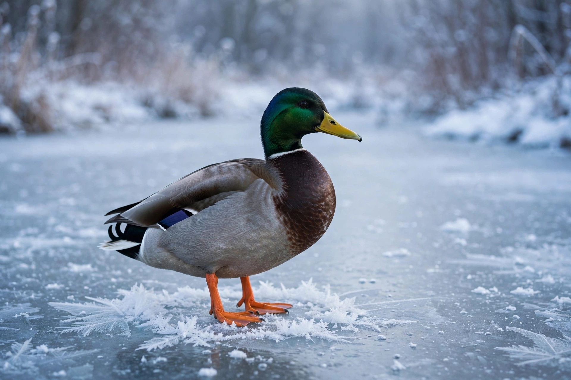 Mallard duck with orange webbed feet standing on a frozen pond