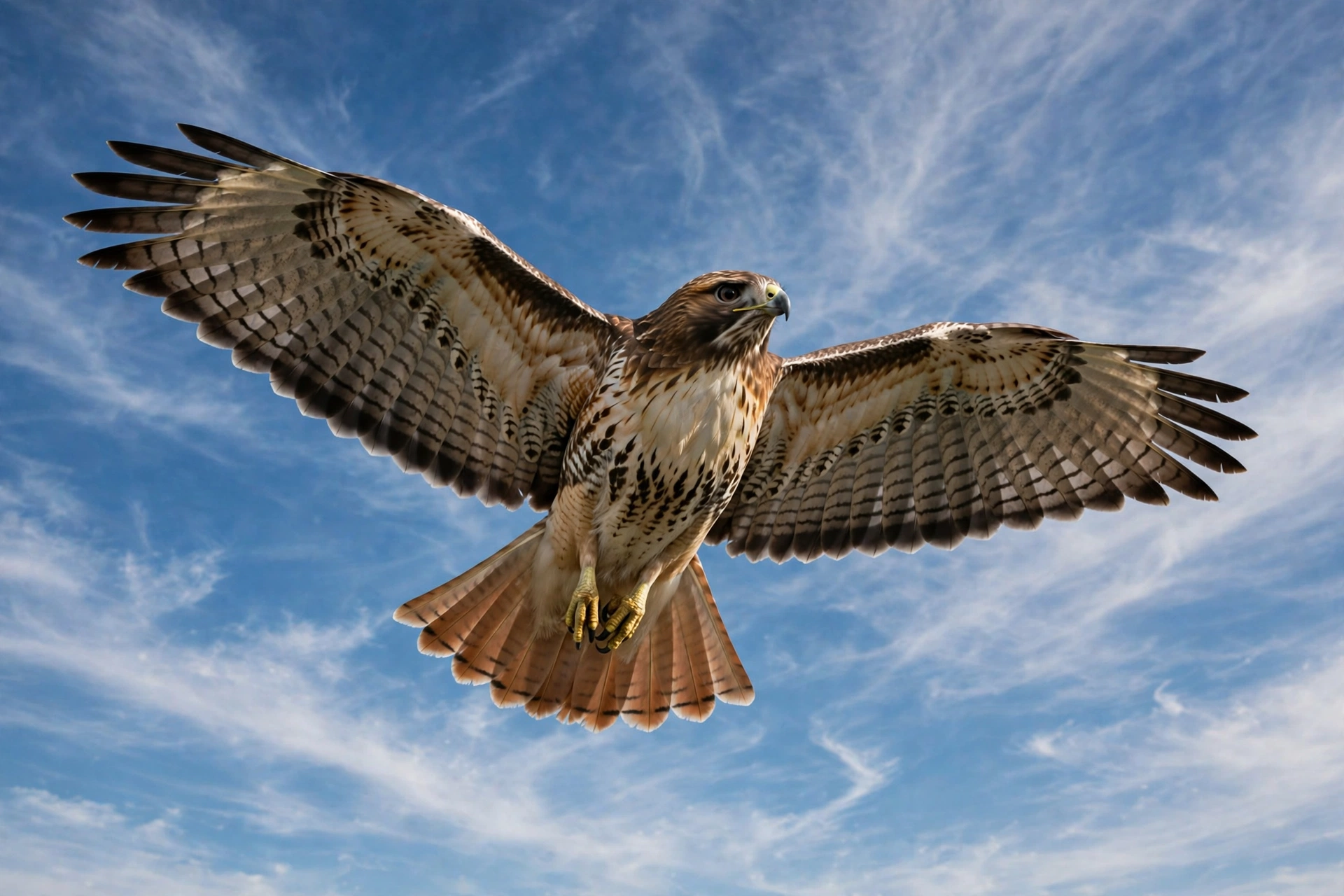Red-tailed hawk soaring in a blue sky with wings spread wide