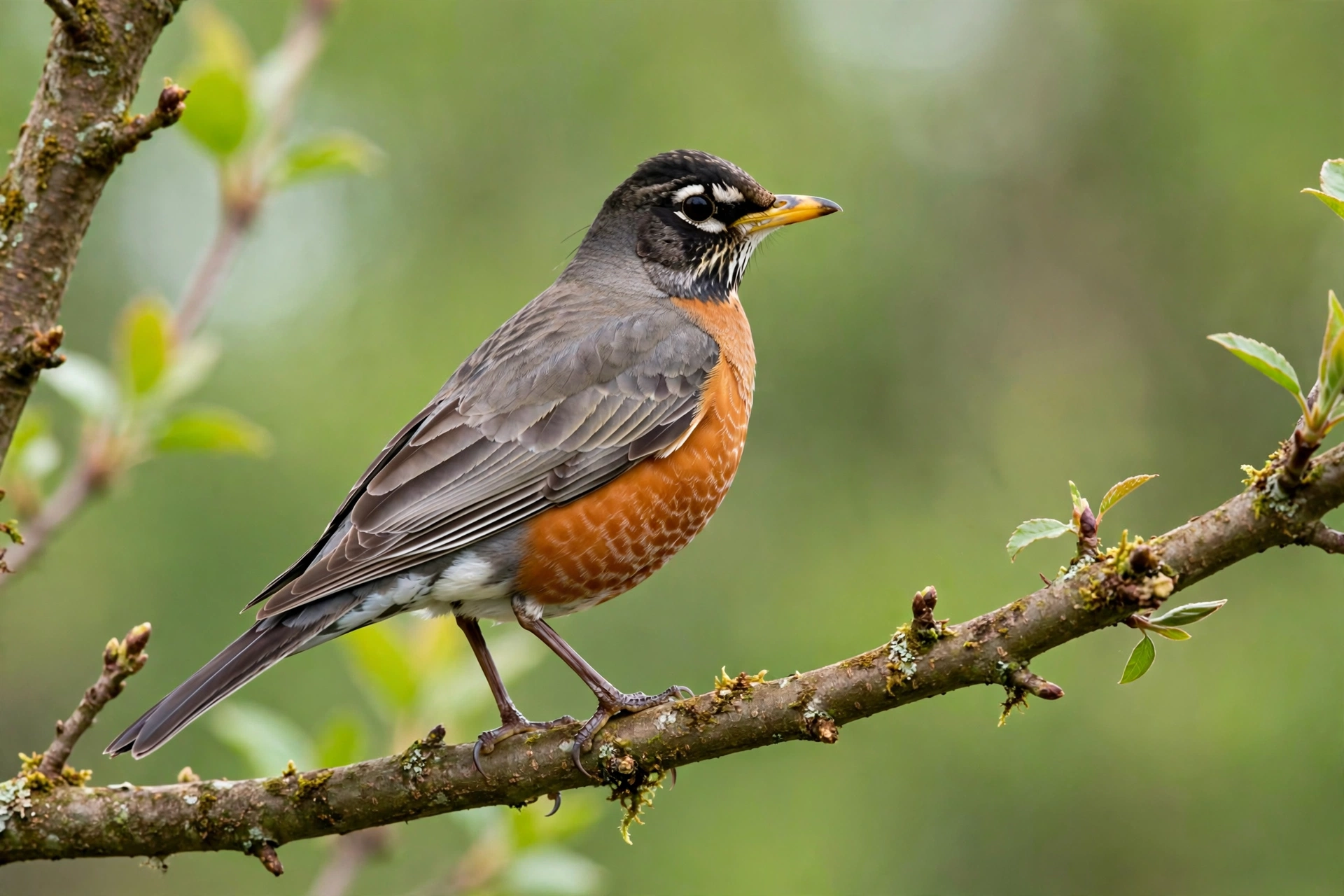 American robin in crisp detail showing feathers, beak, and wing structure