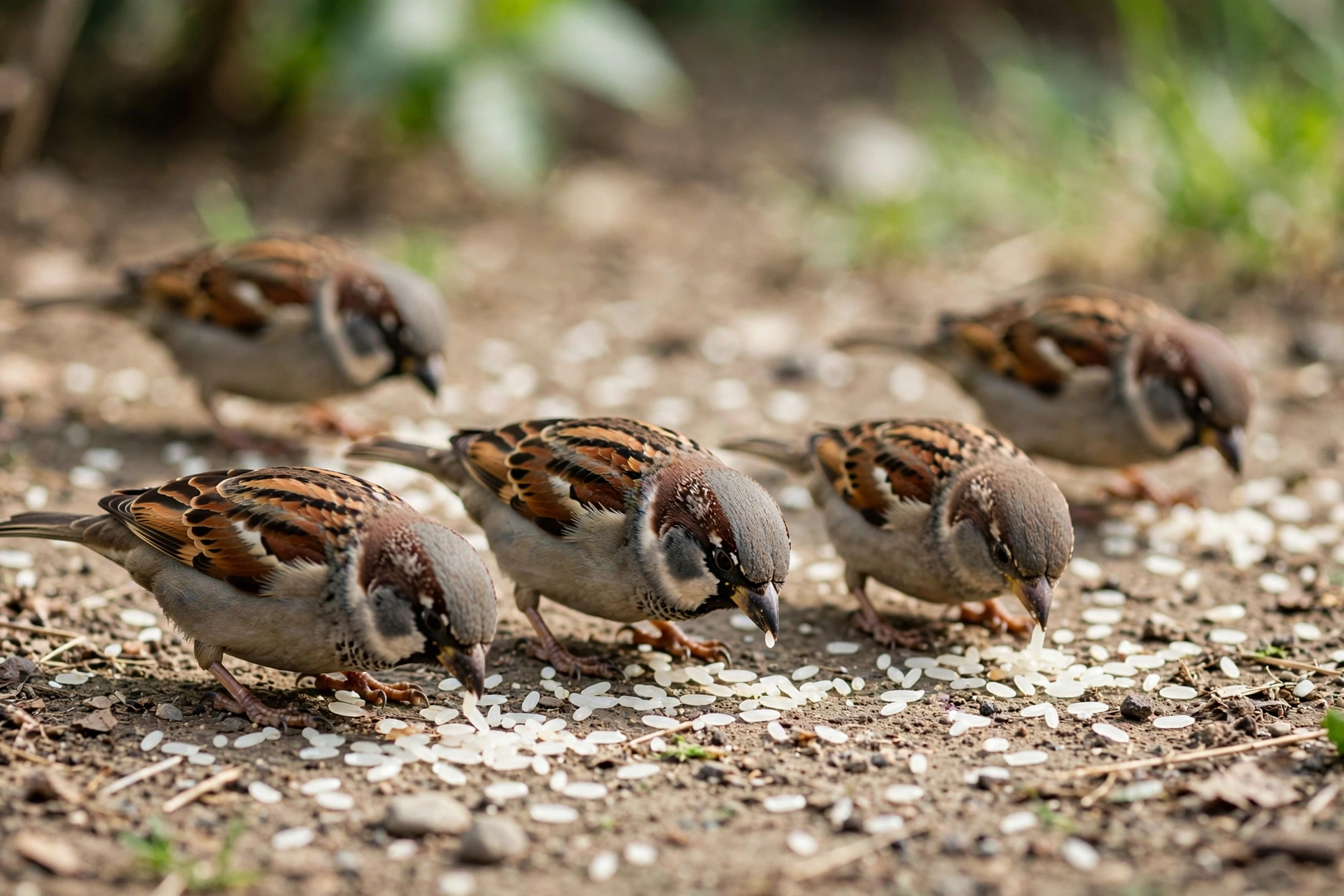 House sparrows pecking at scattered uncooked rice grains on the ground