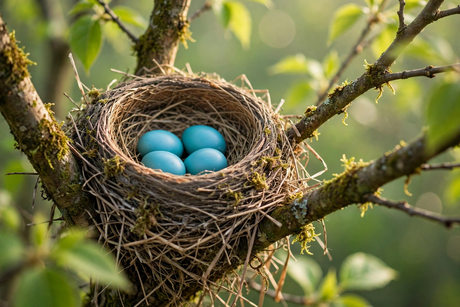 American robin nest with four blue eggs in a tree branch