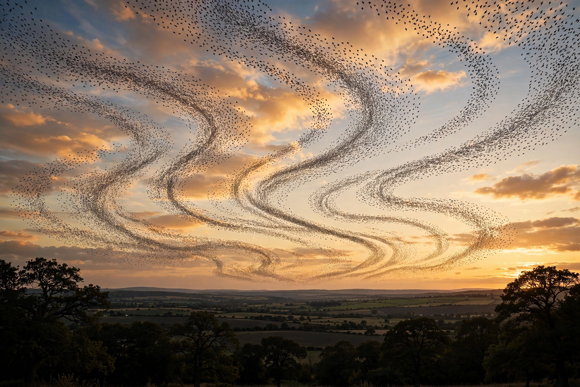A murmuration of starlings swirling across a sunset sky