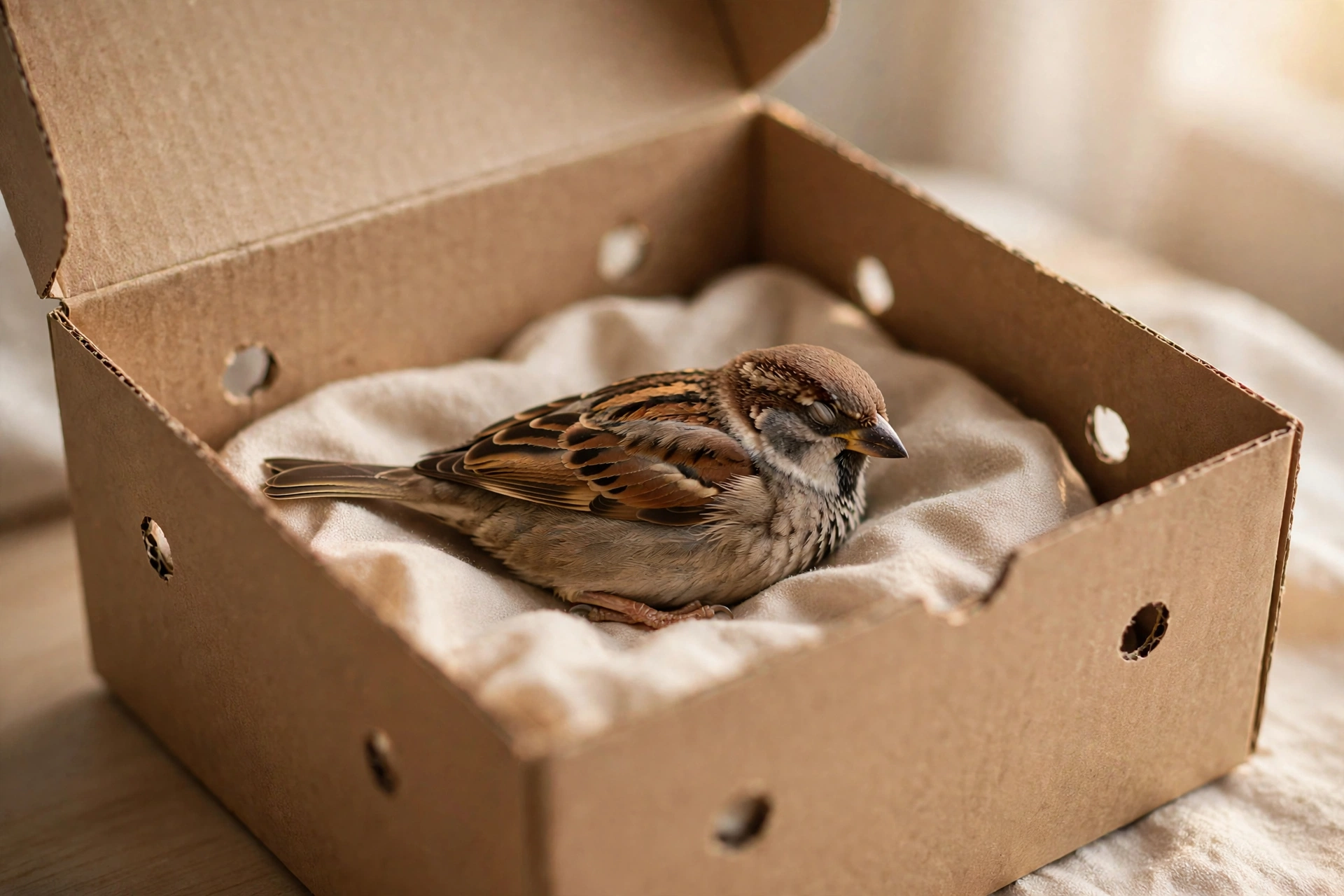 A small sparrow resting calmly inside a ventilated cardboard box lined with a soft cloth