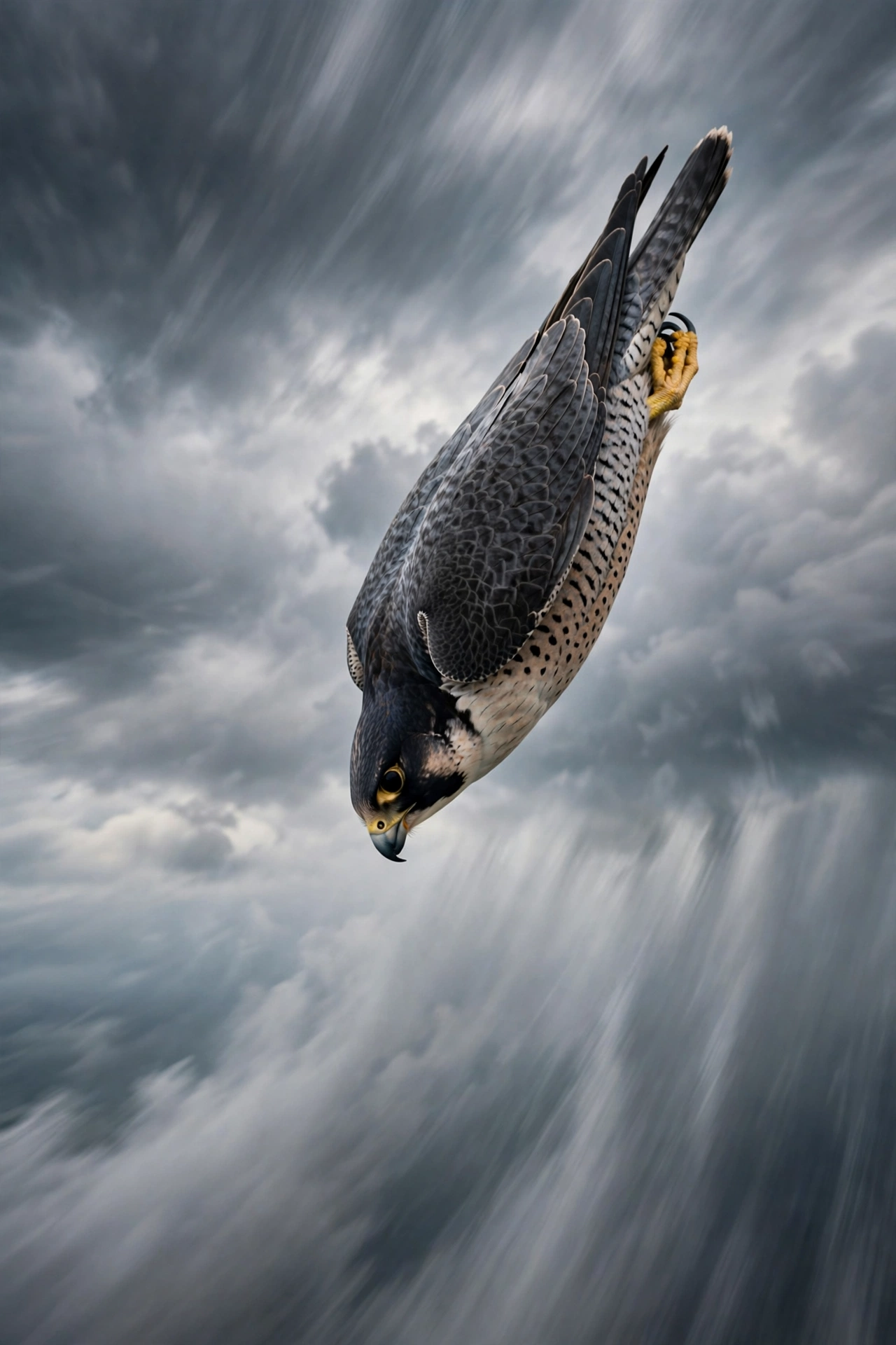 Peregrine falcon in a steep hunting dive with wings tucked against a dramatic sky