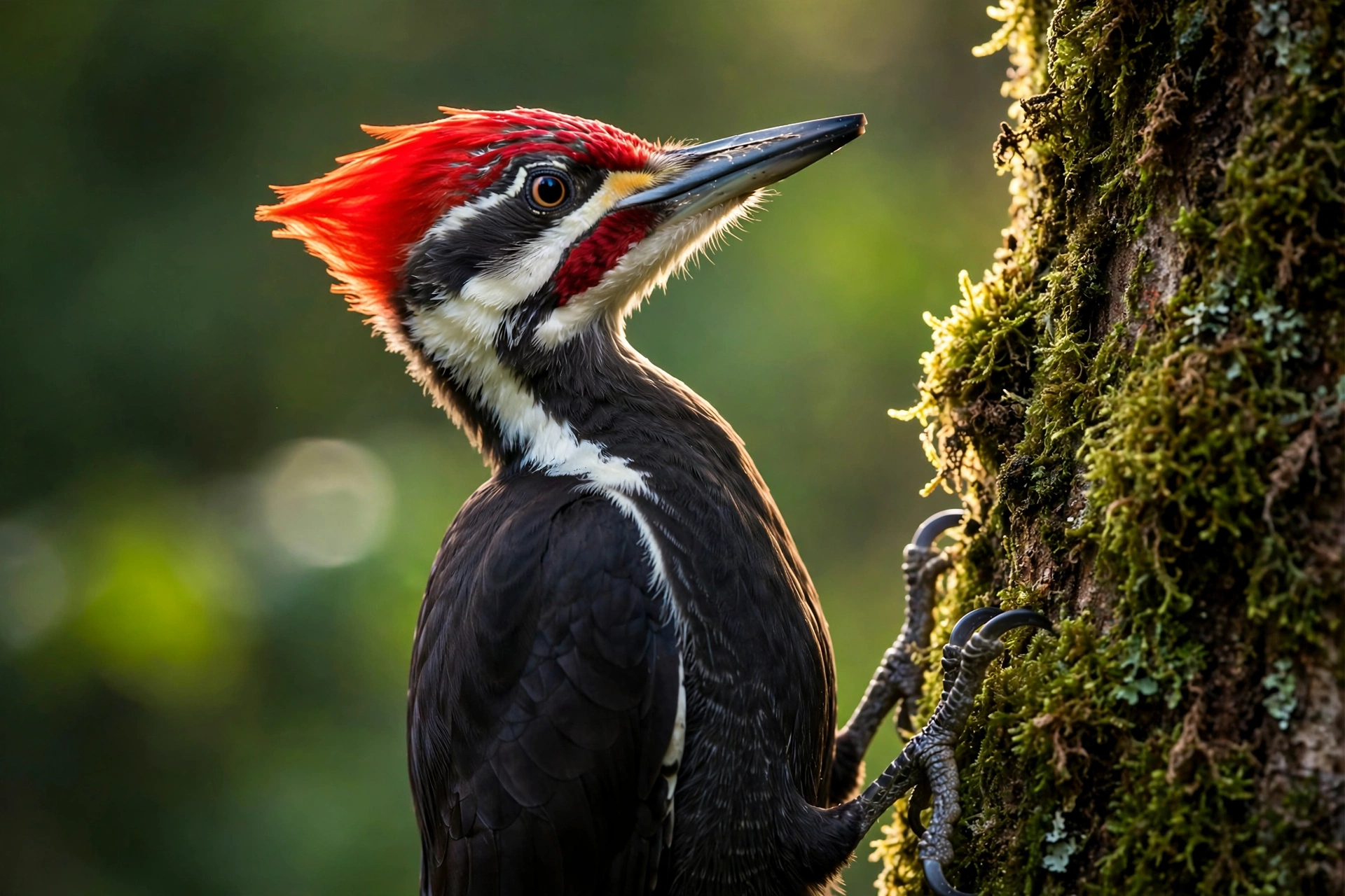 Pileated woodpecker with flaming red crest clinging to a mossy tree trunk