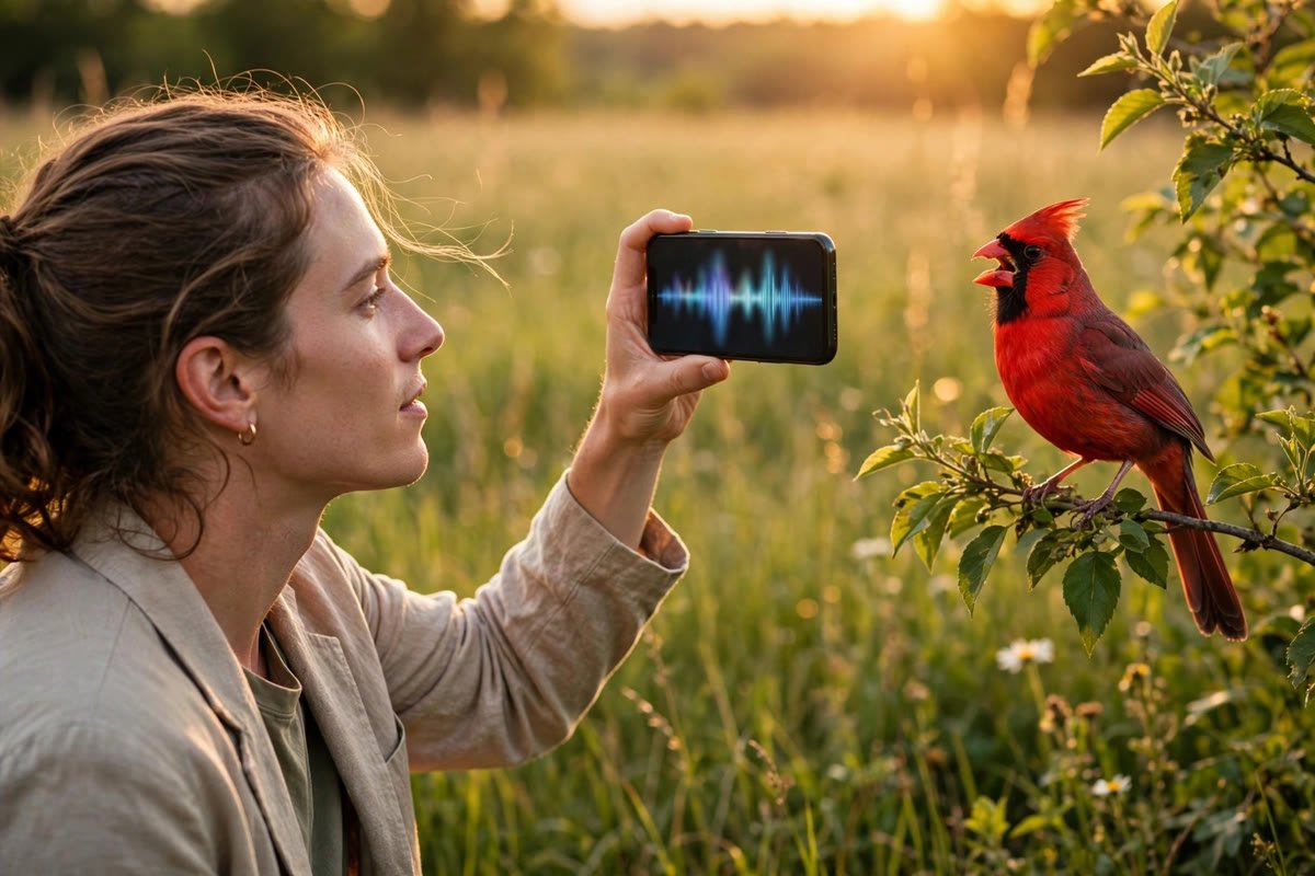 Birder holding a phone toward a singing bird, showing how to use Merlin Bird ID in the field