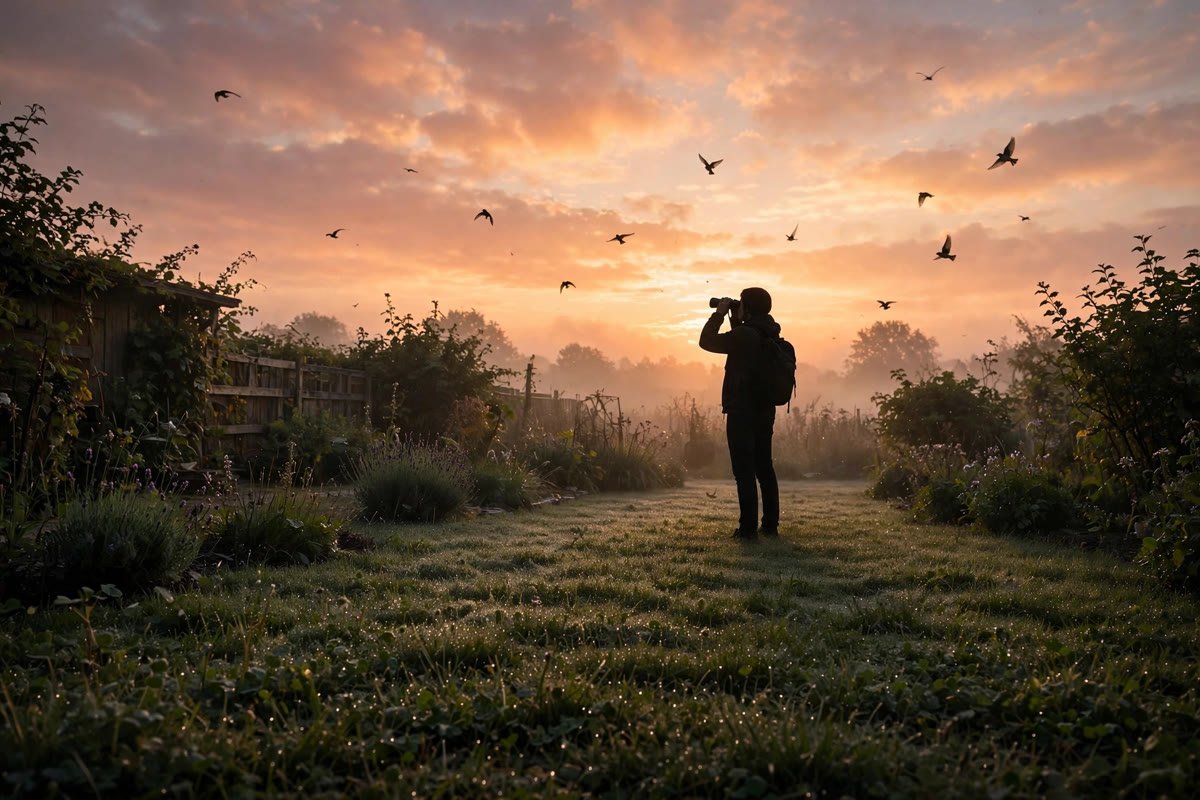 Merlin Bird ID App: How to Identify Birds by Sound, Photo, and Step-by-Step 4 Backyard garden at dawn, the best time to record birds with Merlin