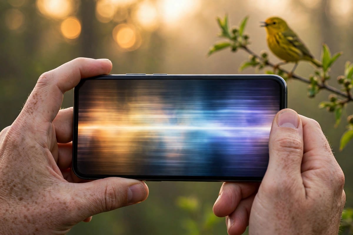 Merlin Bird ID App: How to Identify Birds by Sound, Photo, and Step-by-Step 2 Phone recording bird song for Merlin Sound ID with a bird singing nearby