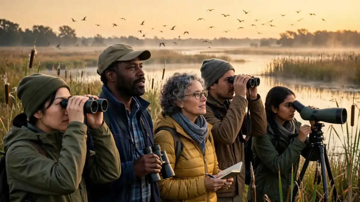 Group of birdwatchers with binoculars and a spotting scope watching birds at a wetland at sunrise