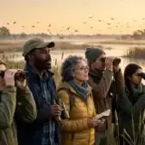 Group of birdwatchers with binoculars and a spotting scope watching birds at a wetland at sunrise