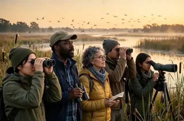Group of birdwatchers with binoculars and a spotting scope watching birds at a wetland at sunrise