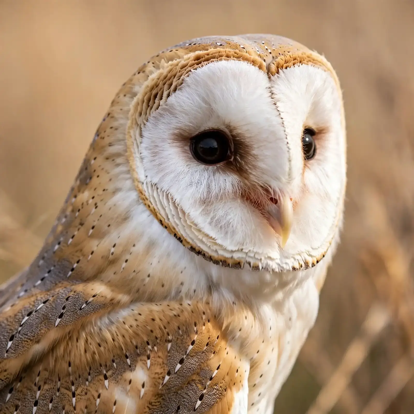 Close-up of a barn owl head showing large dark eyes and a heart-shaped white facial disc