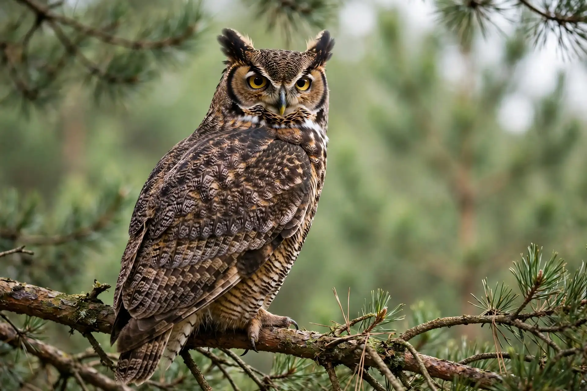 Great horned owl perched on a pine branch in daylight with its head turned to look back over its shoulder