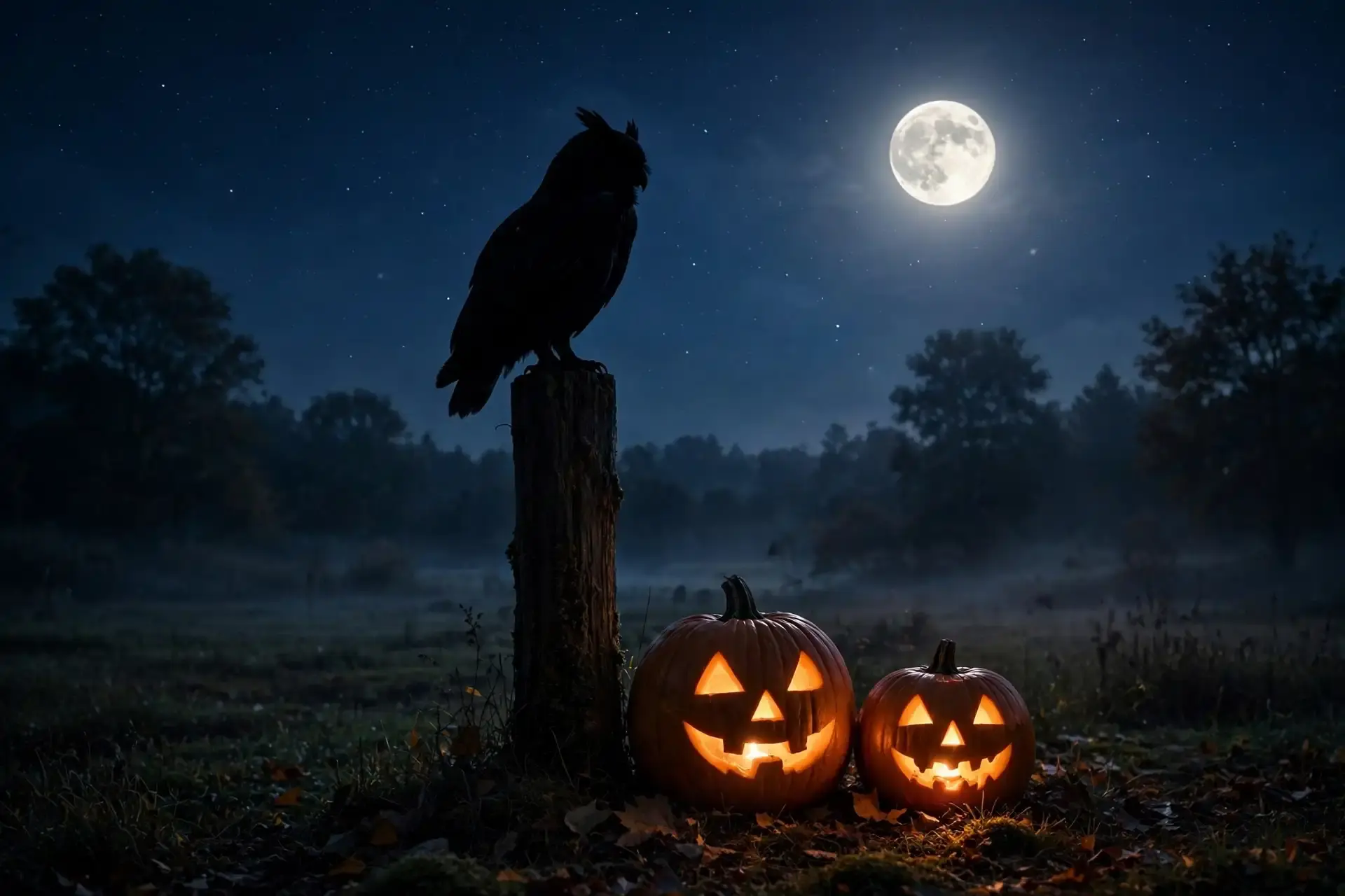 Why Are Owls Associated With Halloween? Folklore, Myths, and the Real Bird 4 Silhouette of an owl on a fence post beside two lit jack-o-lanterns under a full moon