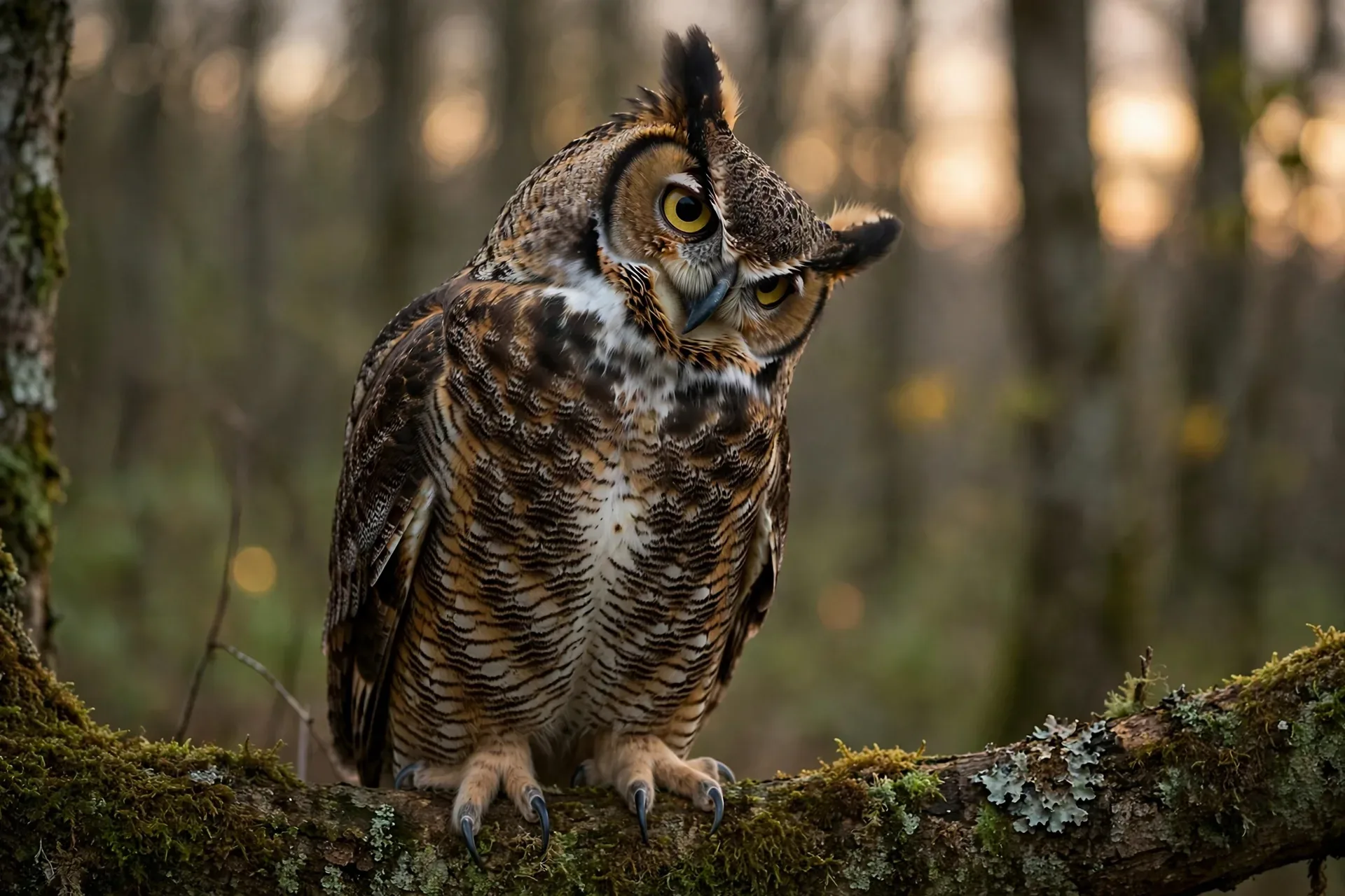 A great horned owl perched on a branch tilting its head while staring forward