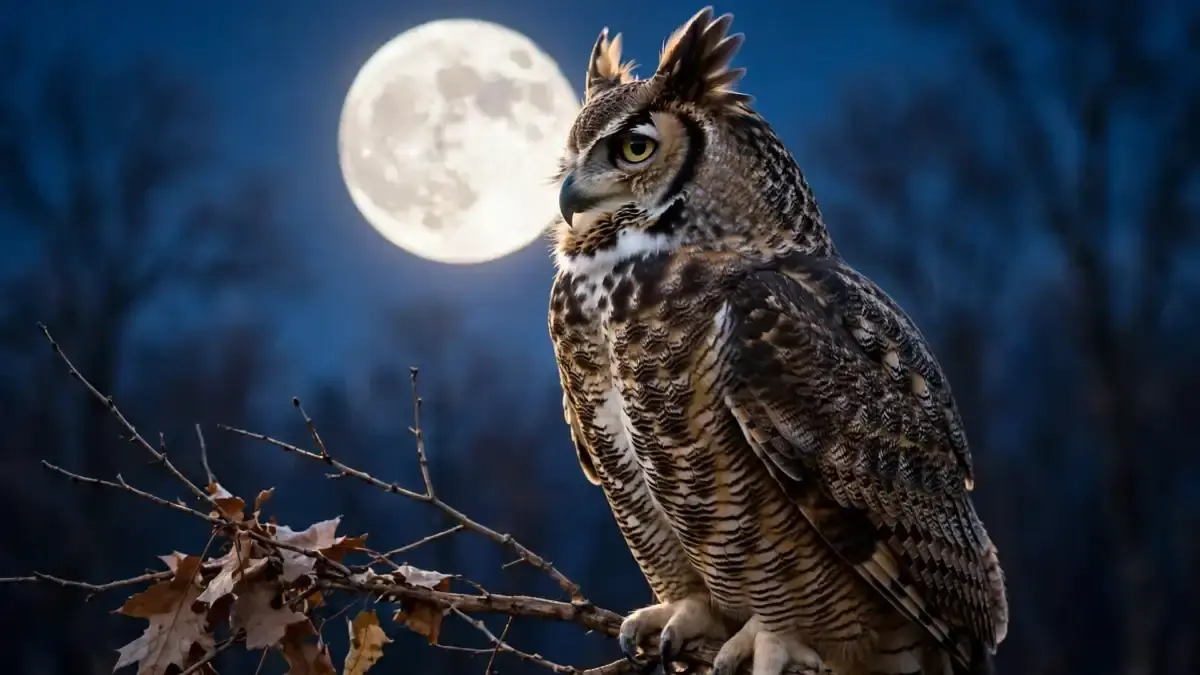 Why Are Owls Associated With Halloween? Folklore, Myths, and the Real Bird 1 A great horned owl with ear tufts perched on a bare branch against a full moon at dusk