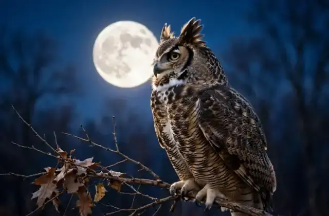 A great horned owl with ear tufts perched on a bare branch against a full moon at dusk