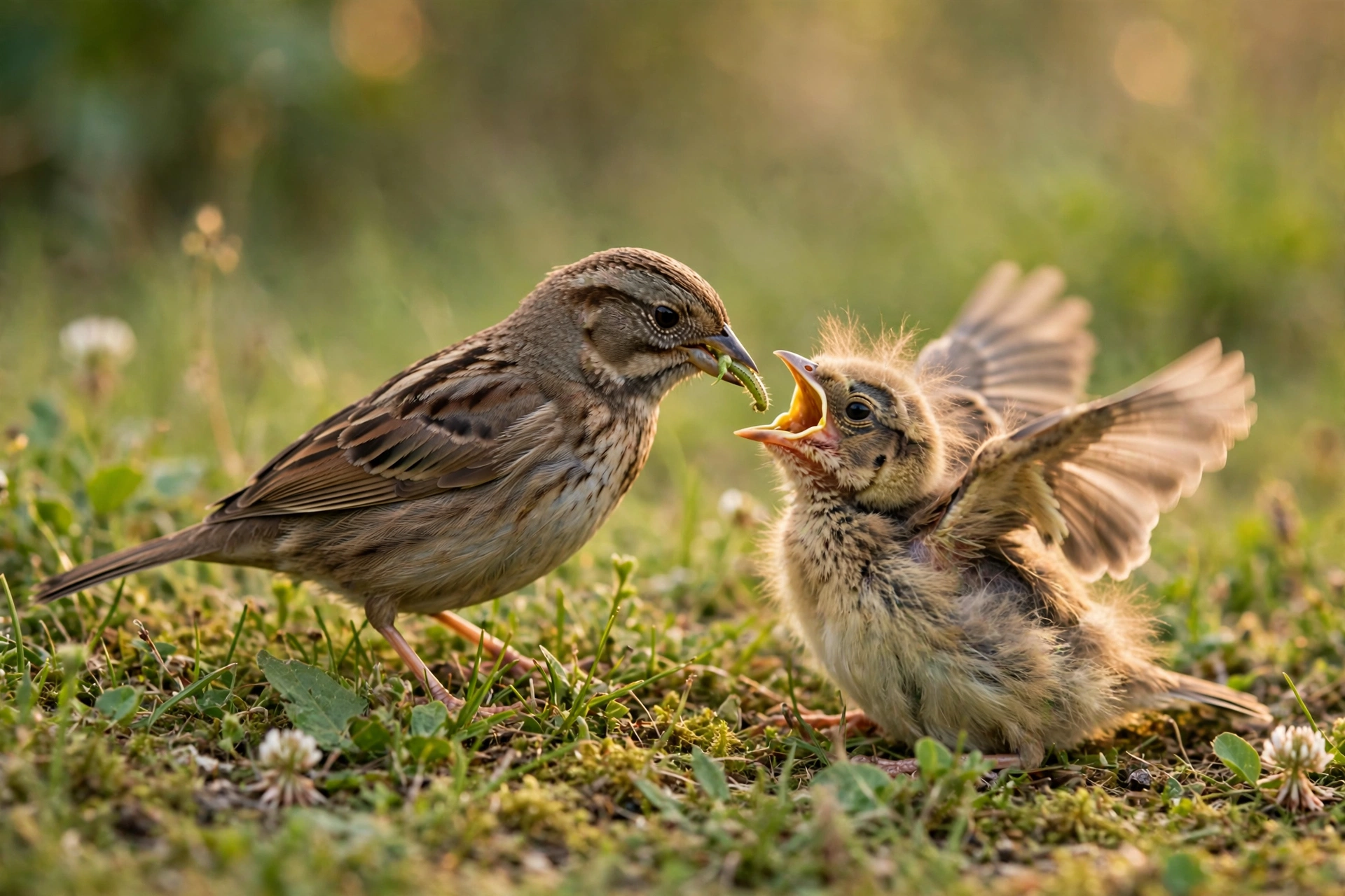 How Do Baby Birds Learn to Fly? The Fledging Process 4 Adult songbird feeding a fledgling on the grass during the post-fledging period