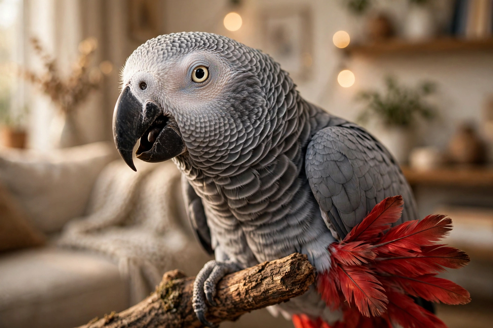 African grey parrot with open beak as if speaking, showing why parrots can talk