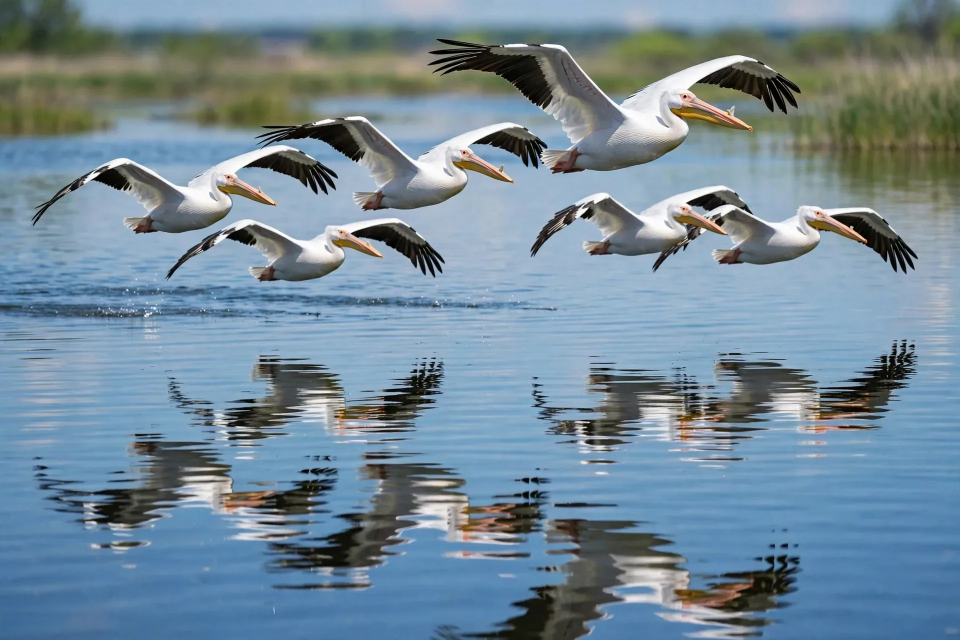 Great white pelicans flying in a V formation low over calm blue water