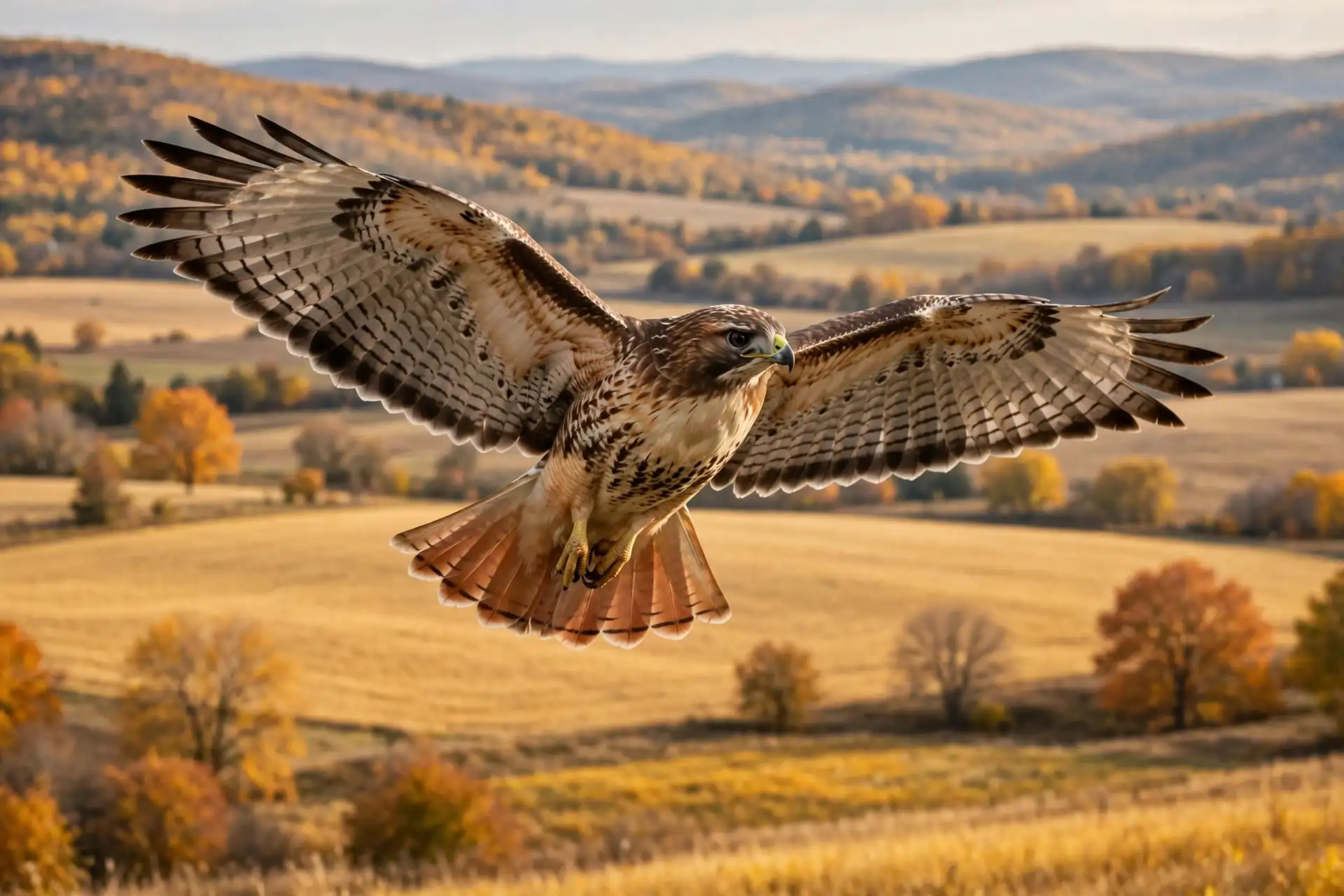 A red-tailed hawk soaring with wings spread over golden autumn fields
