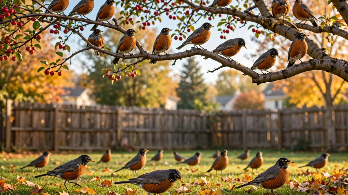 Large flock of American robins perched and feeding in a backyard crabapple tree on a sunny autumn morning