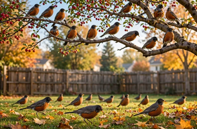 Large flock of American robins perched and feeding in a backyard crabapple tree on a sunny autumn morning