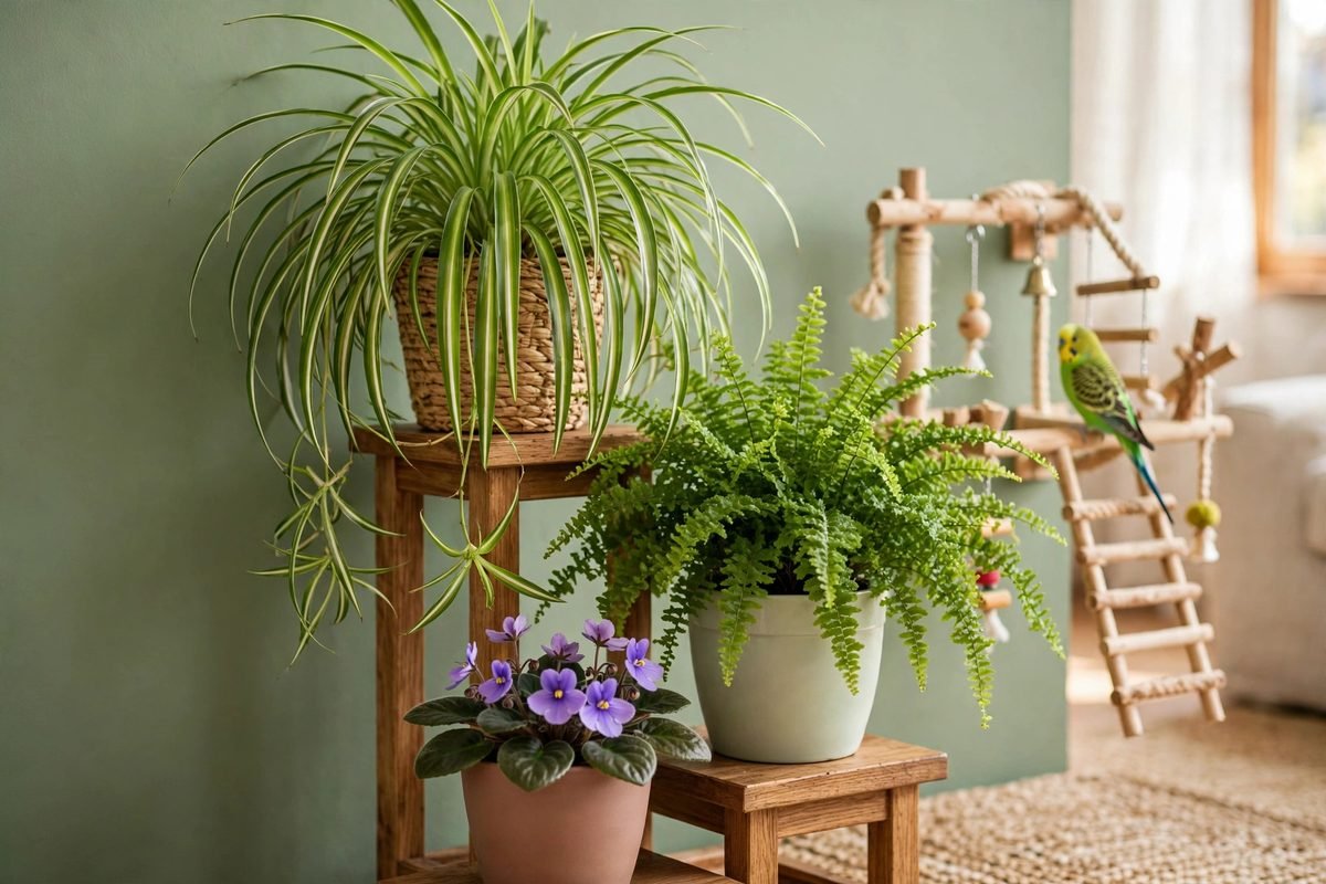 Bird-Safe Houseplants Bird-safe houseplants including spider plant, fern, and African violet near a parrot play stand