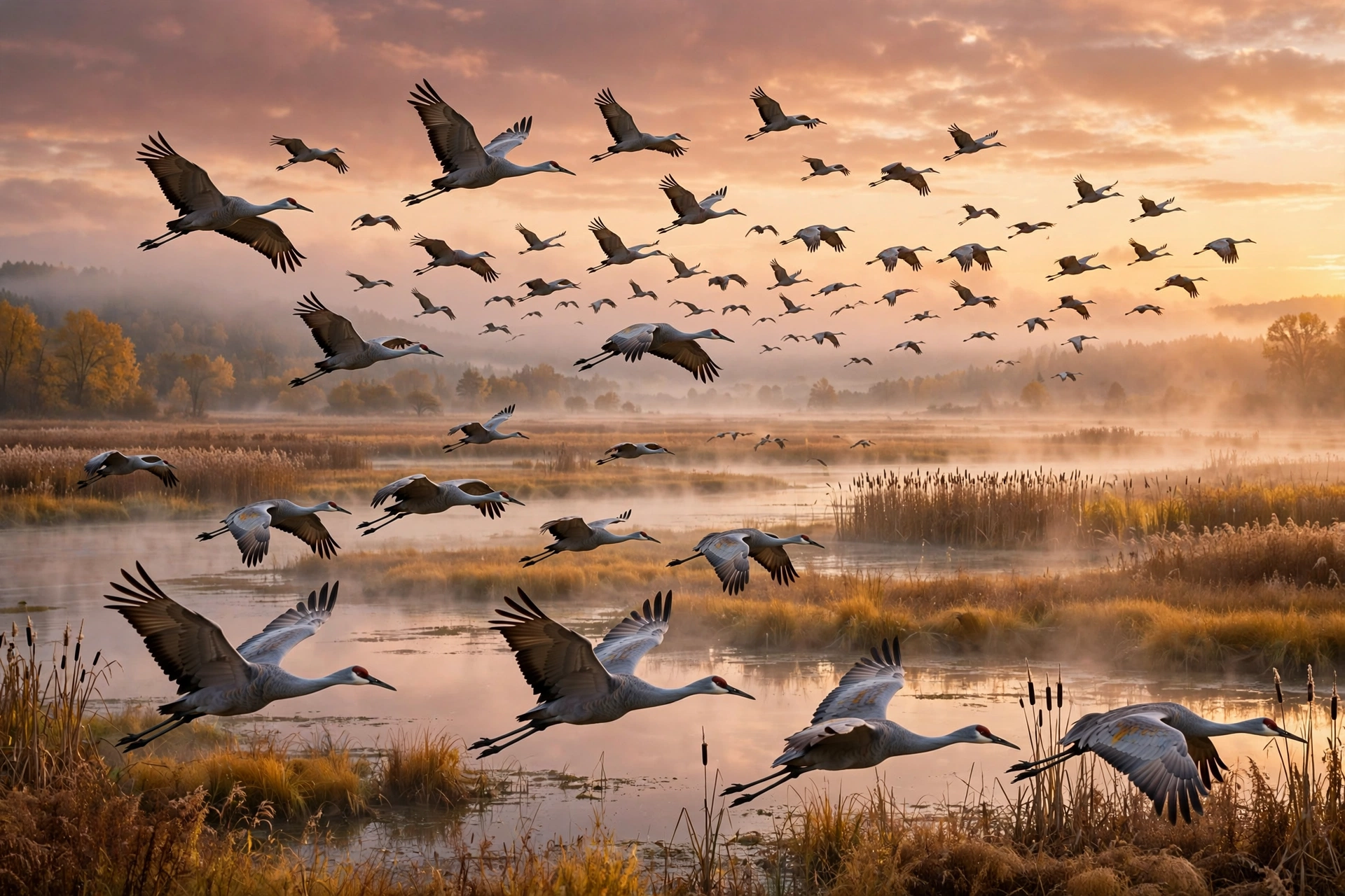 Flock of sandhill cranes flying over a golden autumn wetland at dawn with mist rising