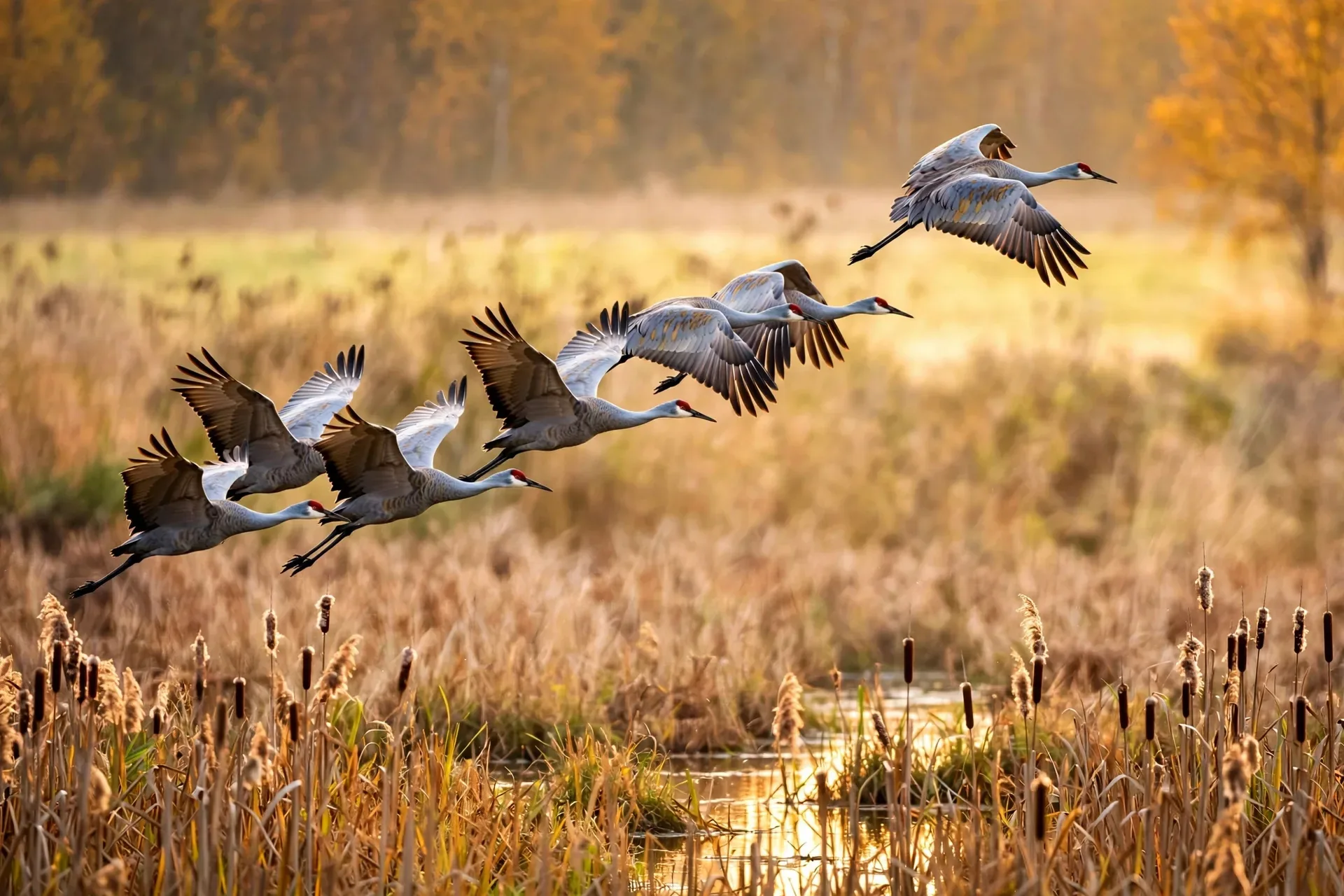 Sandhill cranes flying in a loose V formation over an autumn marsh at golden hour