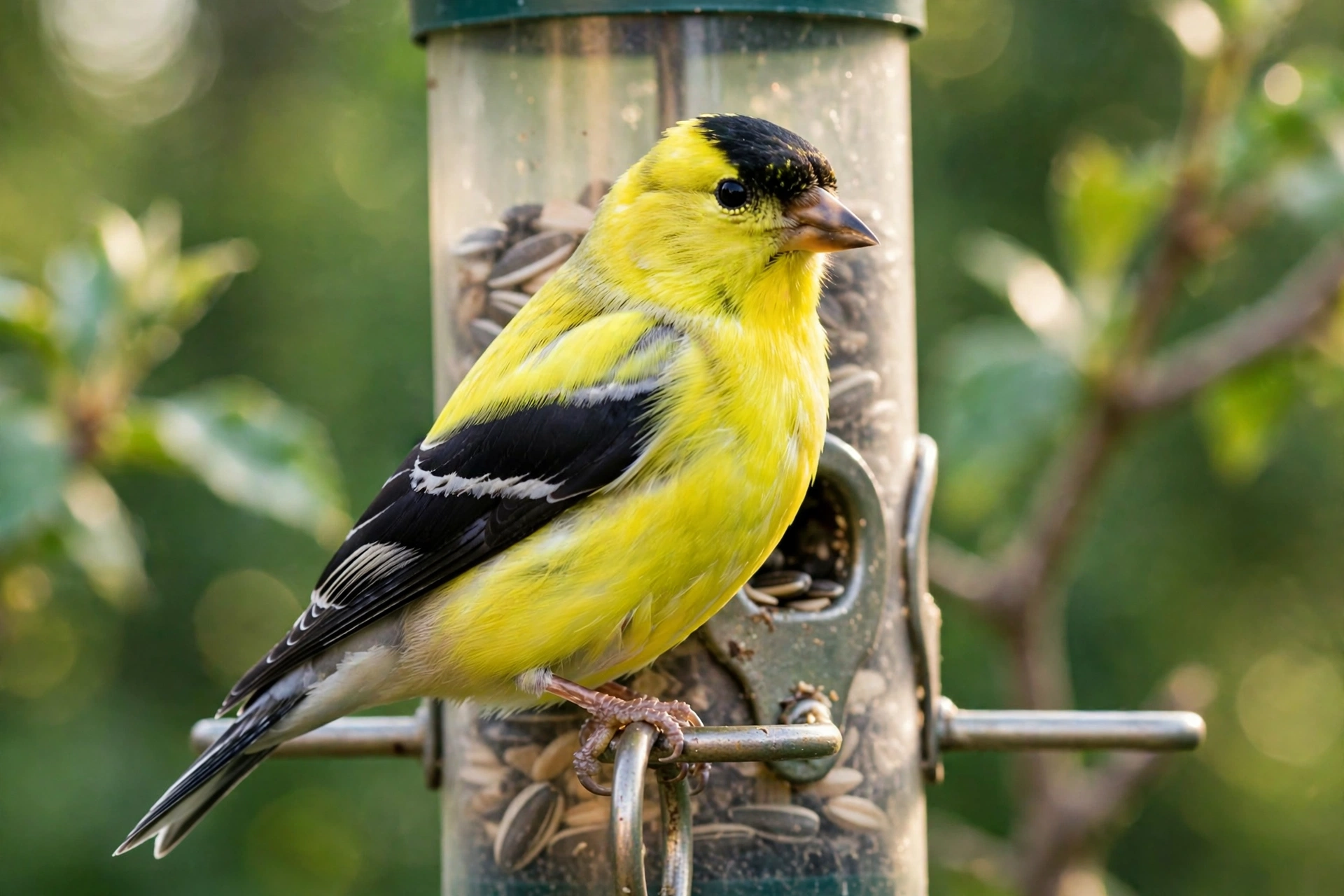 Male American goldfinch in bright summer plumage perched on a thistle feeder